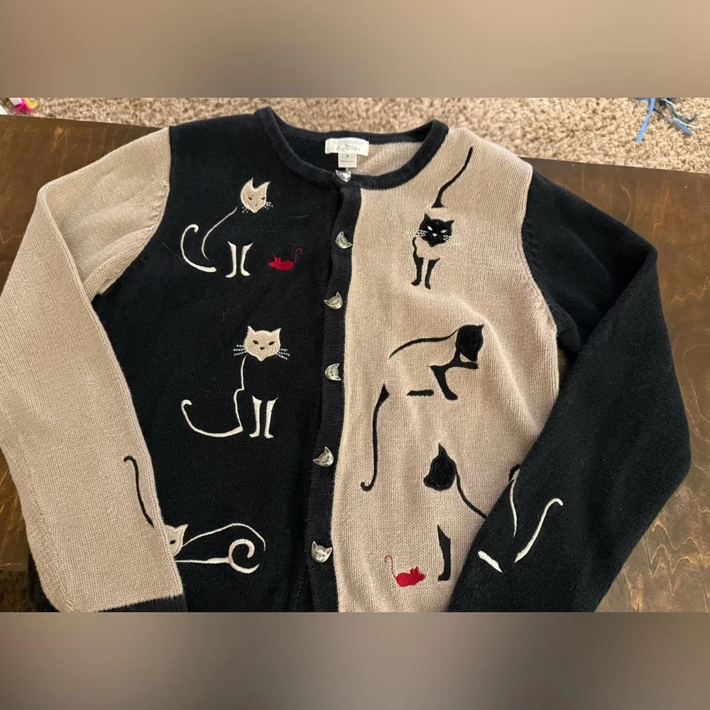 Vintage 2003 Christopher & Banks Cat Sweater Cardigan Ramie Cotton Embroidered - Picture 1 of 11
